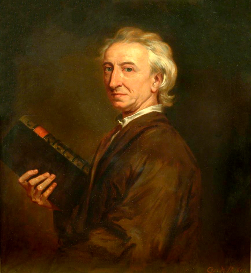 A painting of John Evelyn. He has white, curly hair that touches the collar of his shirt, over which he is wearing a dark jacket and reddish-brown tie. He is seated sideways and looking left towards the viewer. In his right hand, he holds a book up to his chest.